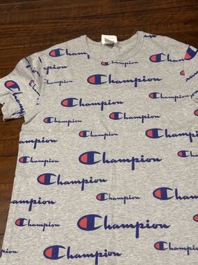 Champion Heather Grey Tee with Blue Script and Red Accents